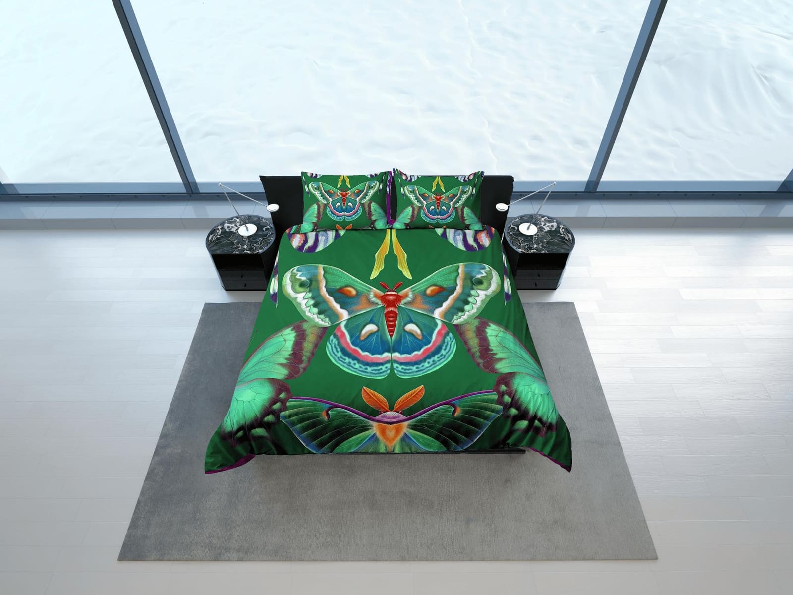 Celestial luna moth green bedding, witchy decor dorm bedding, aesthetic duvet, boho bedding set full king queen, astrology…