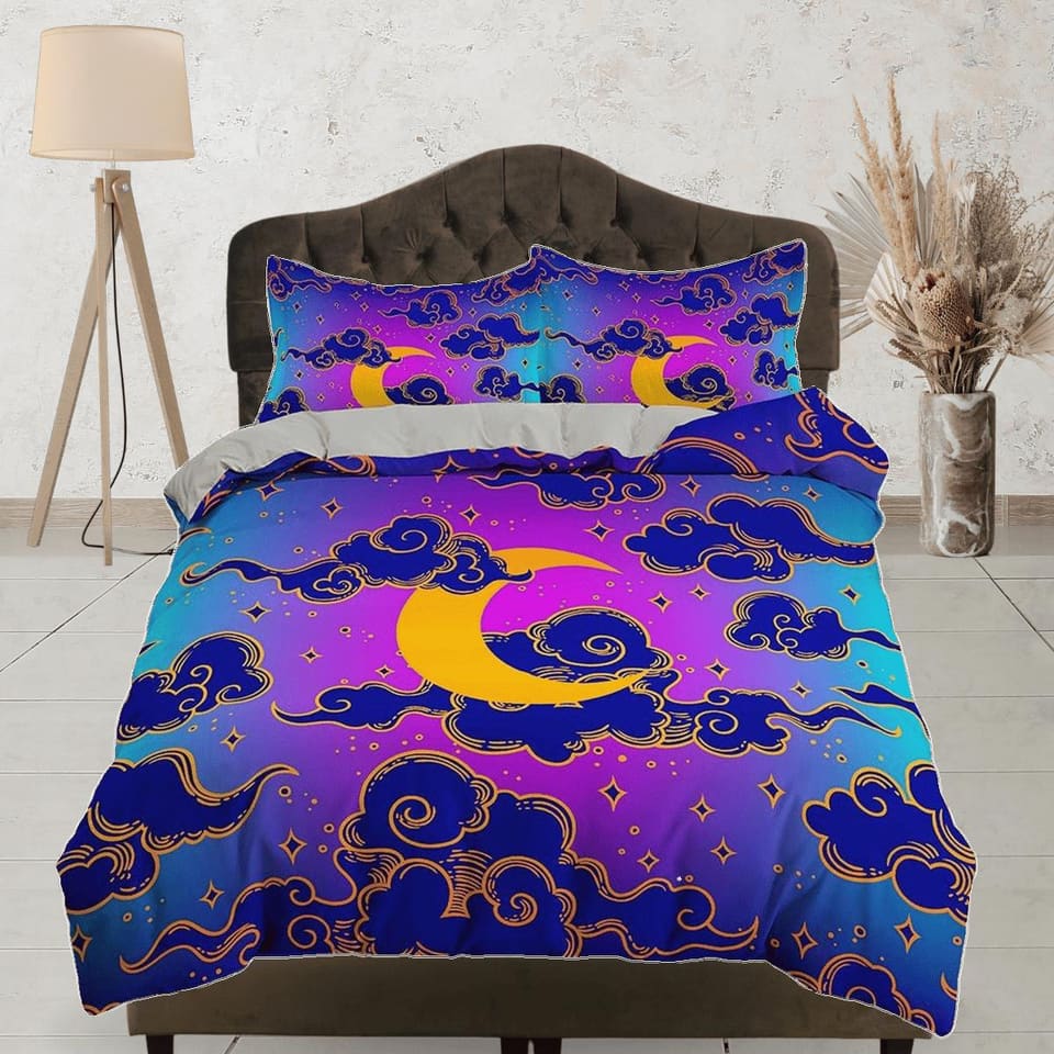 Celestial moon bedding, anime cloud vaporwave, witchy decor dorm bedding, aesthetic duvet, boho bedding set full king quee…