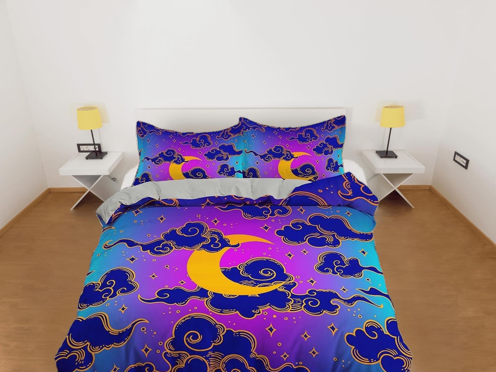 Celestial moon bedding, anime cloud vaporwave, witchy decor dorm bedding, aesthetic duvet, boho bedding set full king quee…