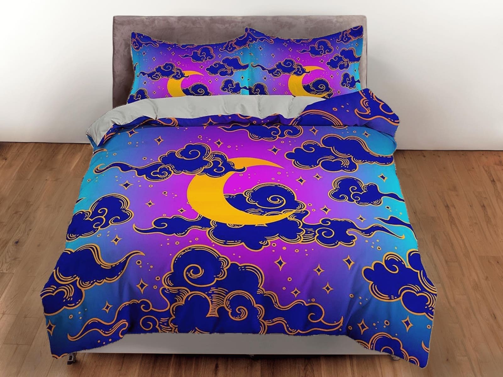 Celestial moon bedding, anime cloud vaporwave, witchy decor dorm bedding, aesthetic duvet, boho bedding set full king quee…