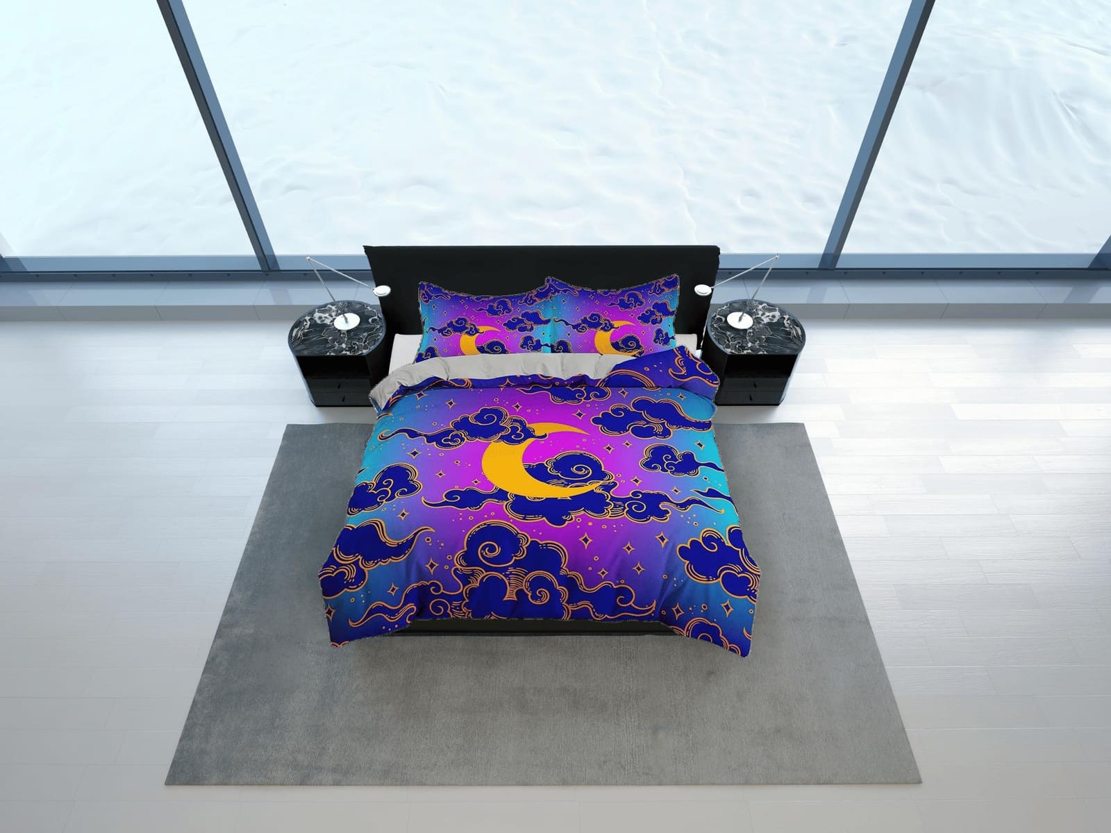 Celestial moon bedding, anime cloud vaporwave, witchy decor dorm bedding, aesthetic duvet, boho bedding set full king quee…
