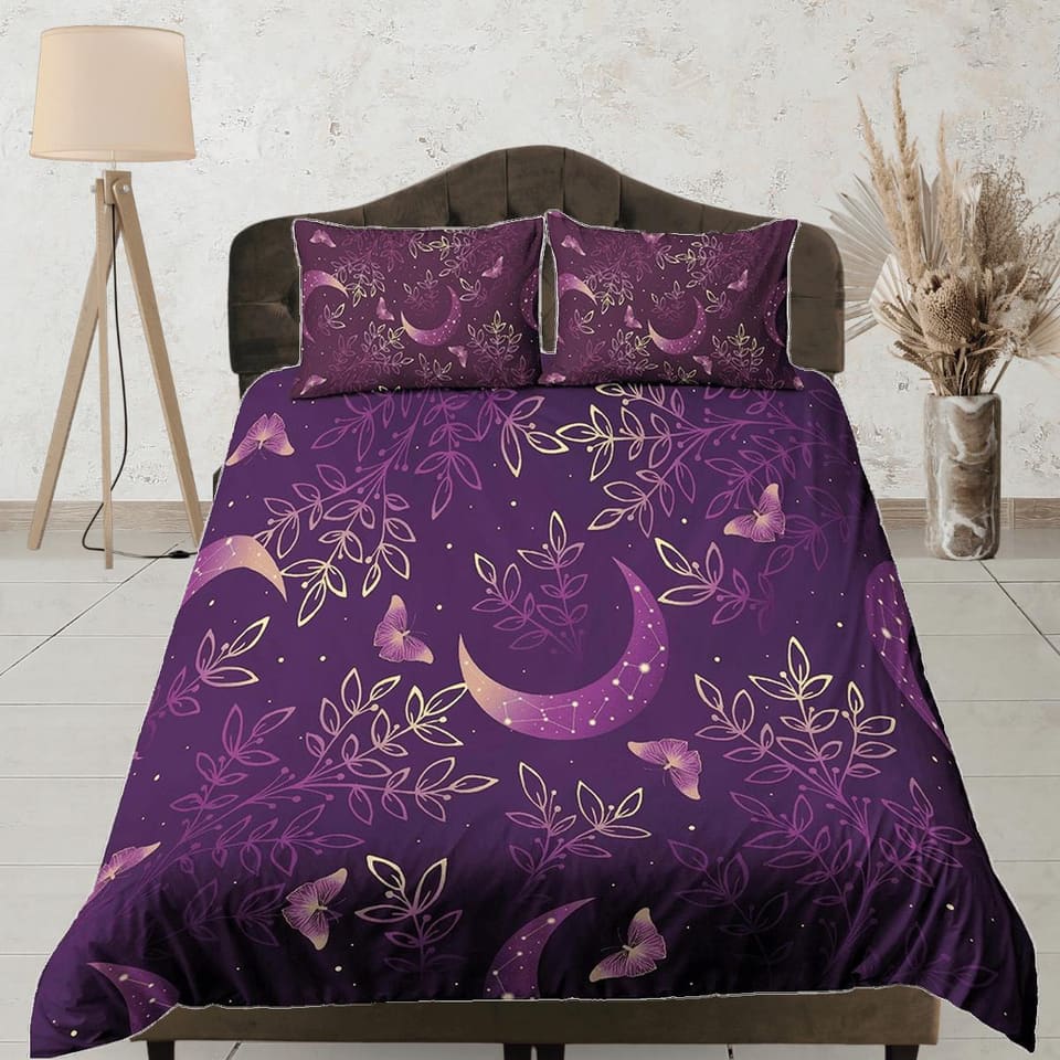 Celestial moon bedding purple, witchy decor dorm bedding, aesthetic duvet cover, boho bedding set full king queen, astrolo…