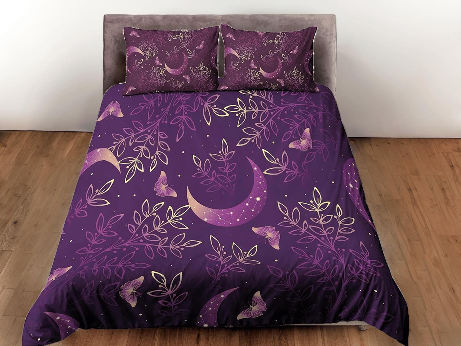 Celestial moon bedding purple, witchy decor dorm bedding, aesthetic duvet cover, boho bedding set full king queen, astrolo…
