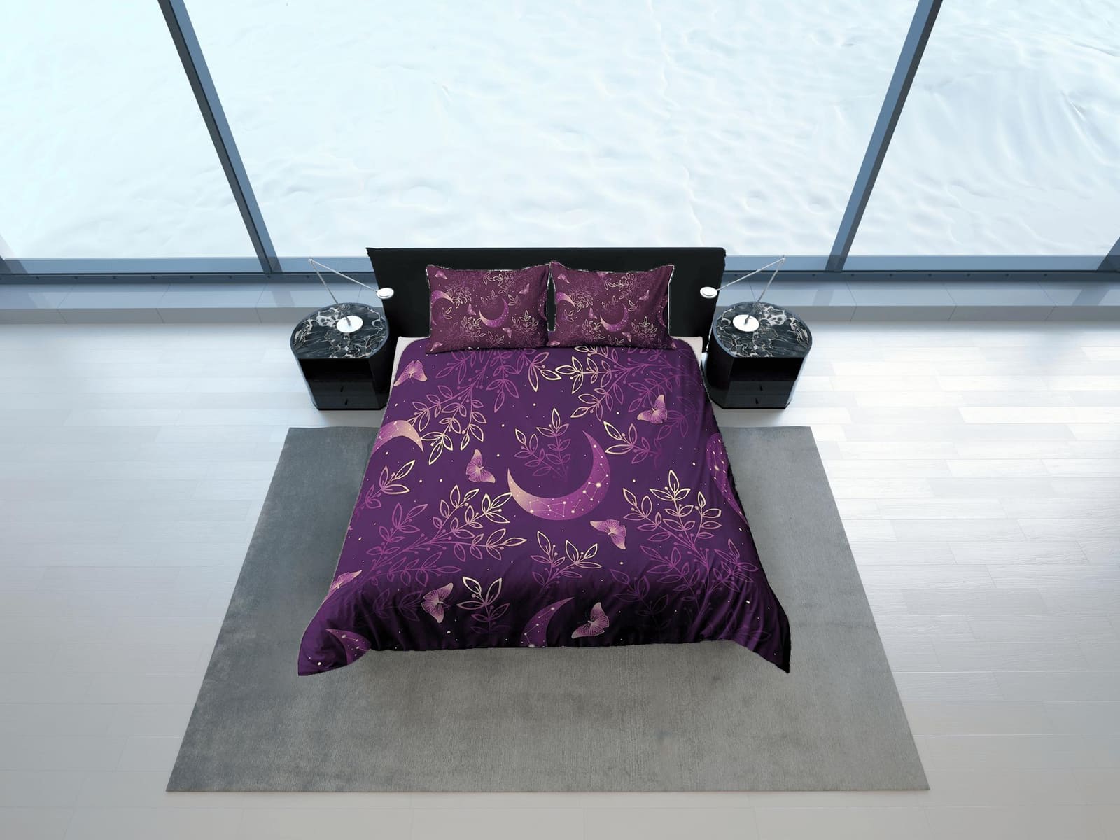 Celestial moon bedding purple, witchy decor dorm bedding, aesthetic duvet cover, boho bedding set full king queen, astrolo…
