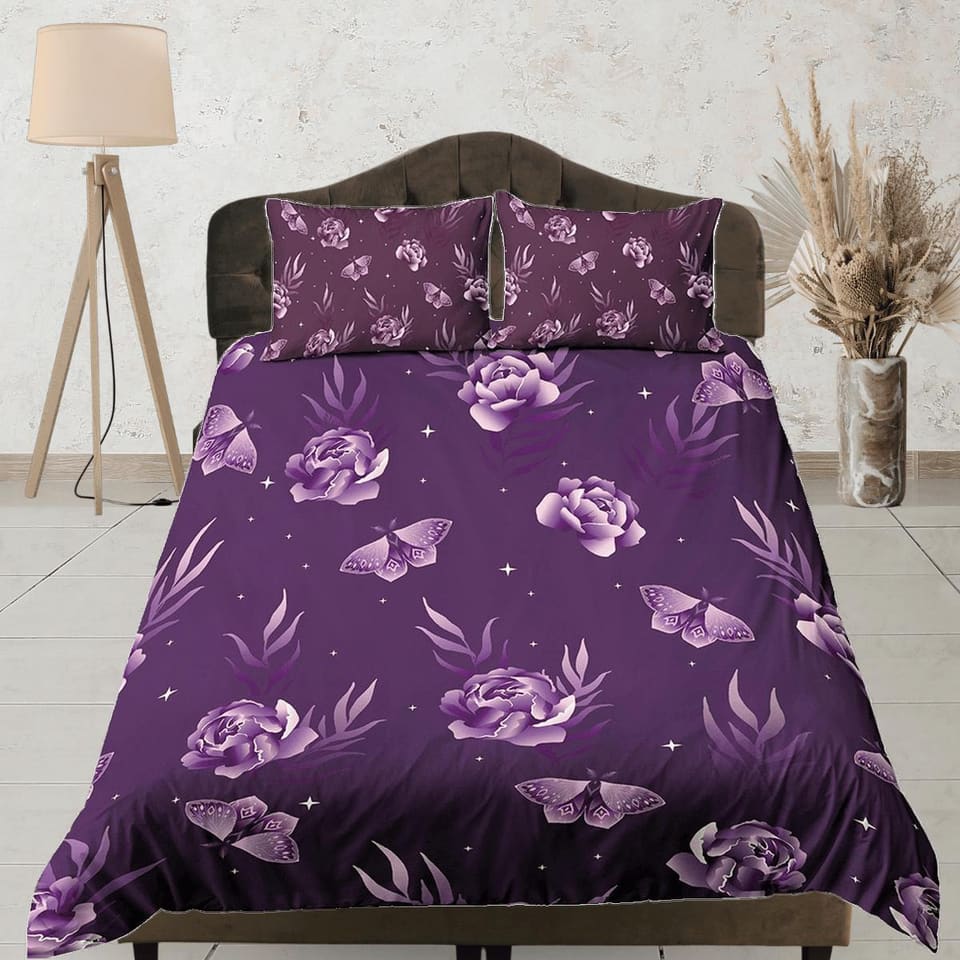 Celestial purple bedding luna moth, witchy decor dorm bedding, aesthetic duvet, boho bedding set full king queen, astrolog…