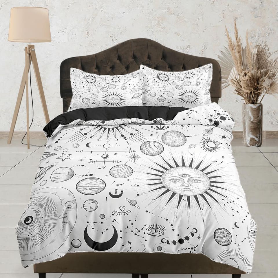 Celestial sun and moon bedding, witchy decor dorm bedding, aesthetic duvet, boho bedding set full king queen, astrology gi…