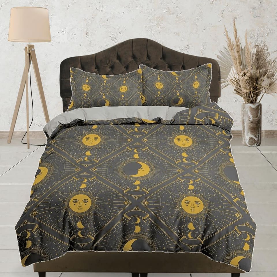 Celestial sun and moon grey bedding, witchy decor dorm bedding, aesthetic duvet, boho bedding set full king queen, astrolo…