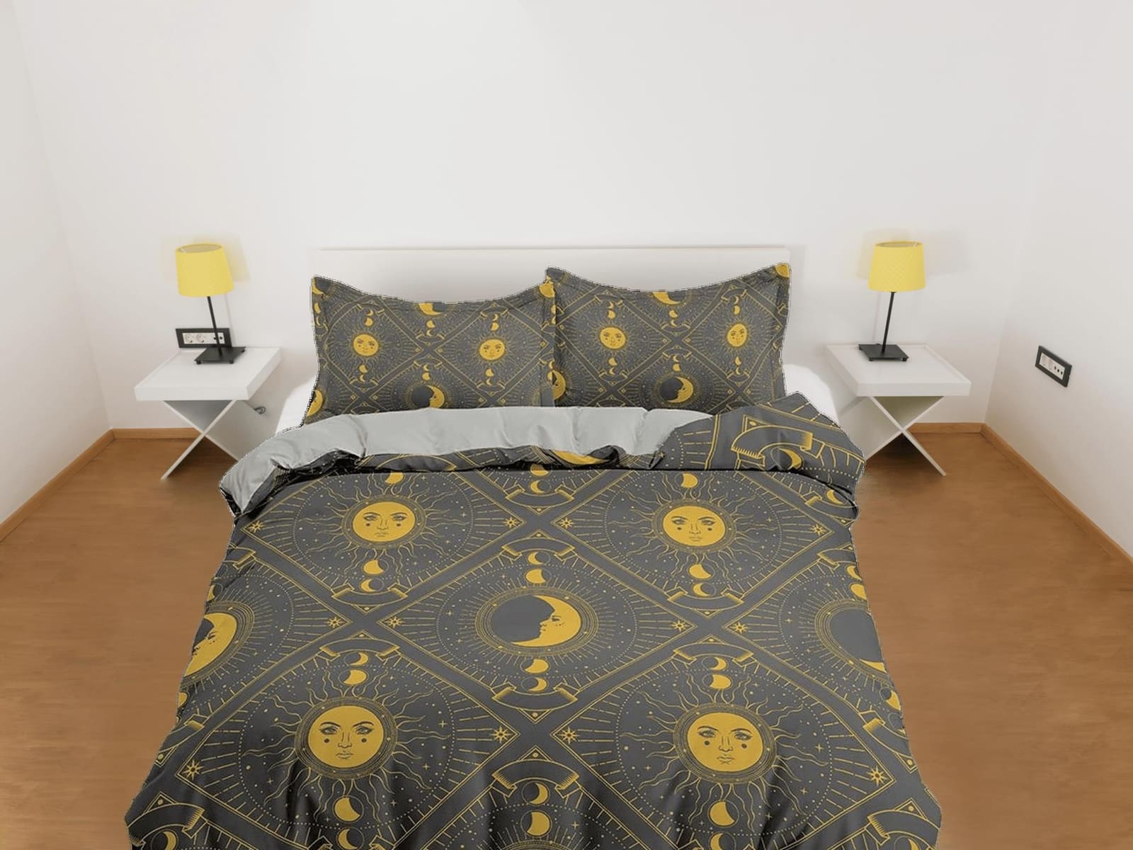 Celestial sun and moon grey bedding, witchy decor dorm bedding, aesthetic duvet, boho bedding set full king queen, astrolo…