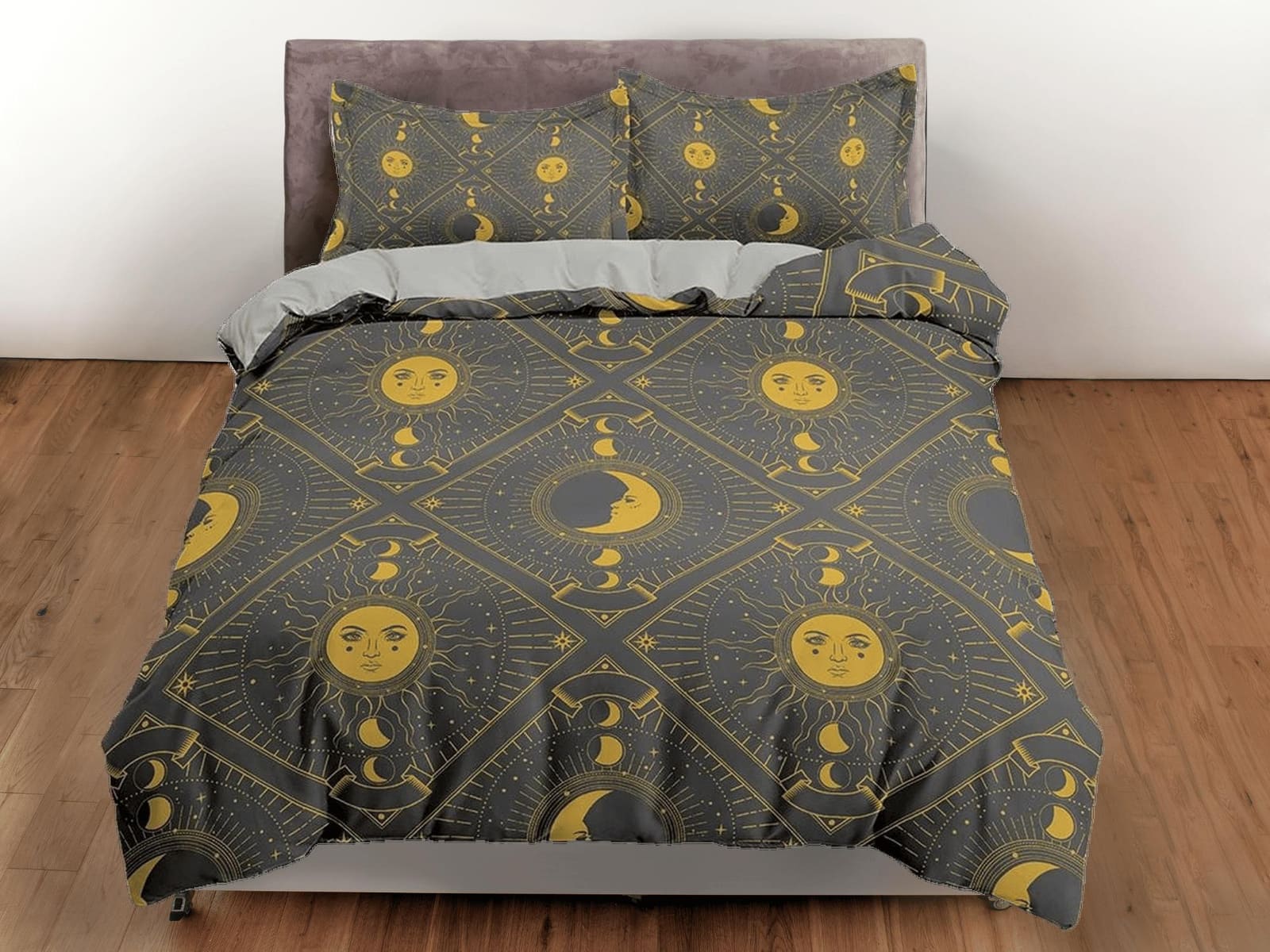 Celestial sun and moon grey bedding, witchy decor dorm bedding, aesthetic duvet, boho bedding set full king queen, astrolo…