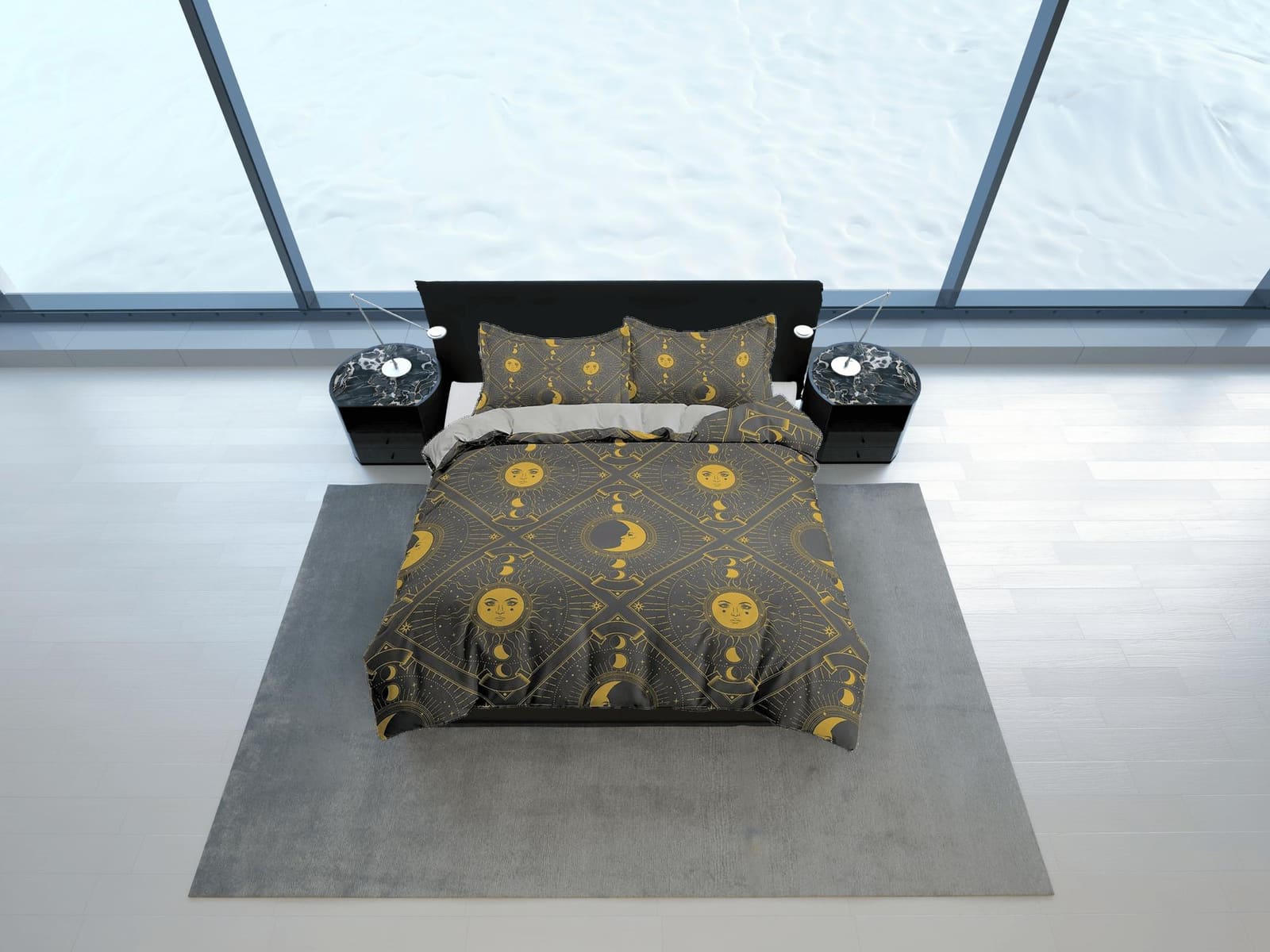 Celestial sun and moon grey bedding, witchy decor dorm bedding, aesthetic duvet, boho bedding set full king queen, astrolo…