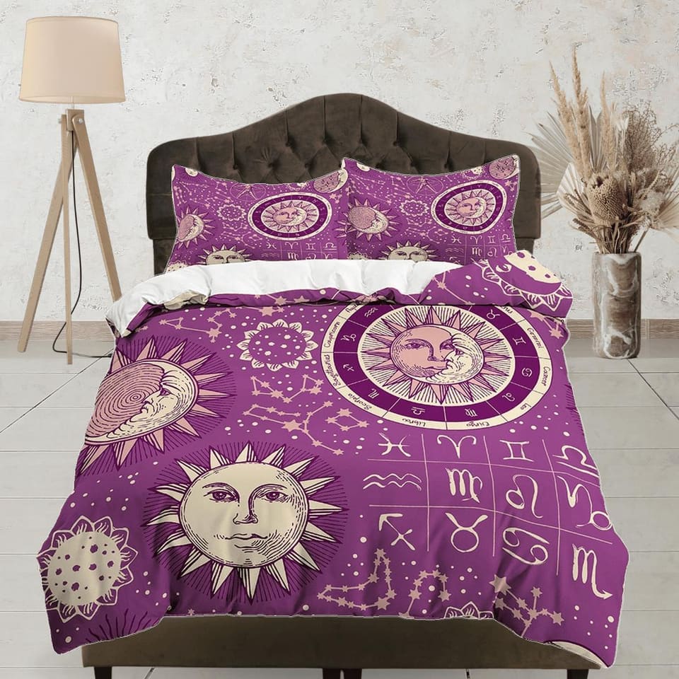 Celestial violet bedding, witchy decor dorm bedding, aesthetic duvet, boho bedding set full king queen, astrology gift, go…