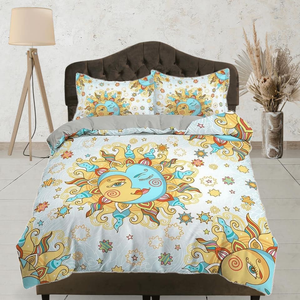 Celestial white bedding sun and moon, witchy decor dorm bedding aesthetic duvet, boho bedding set full king queen, astrolo…