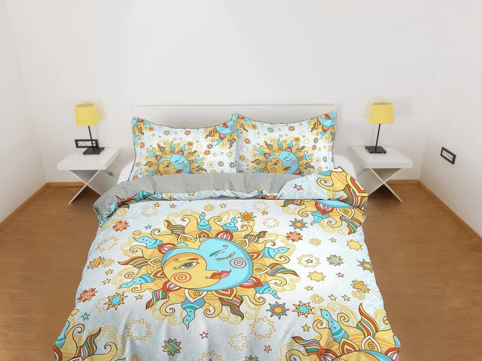 Celestial white bedding sun and moon, witchy decor dorm bedding aesthetic duvet, boho bedding set full king queen, astrolo…