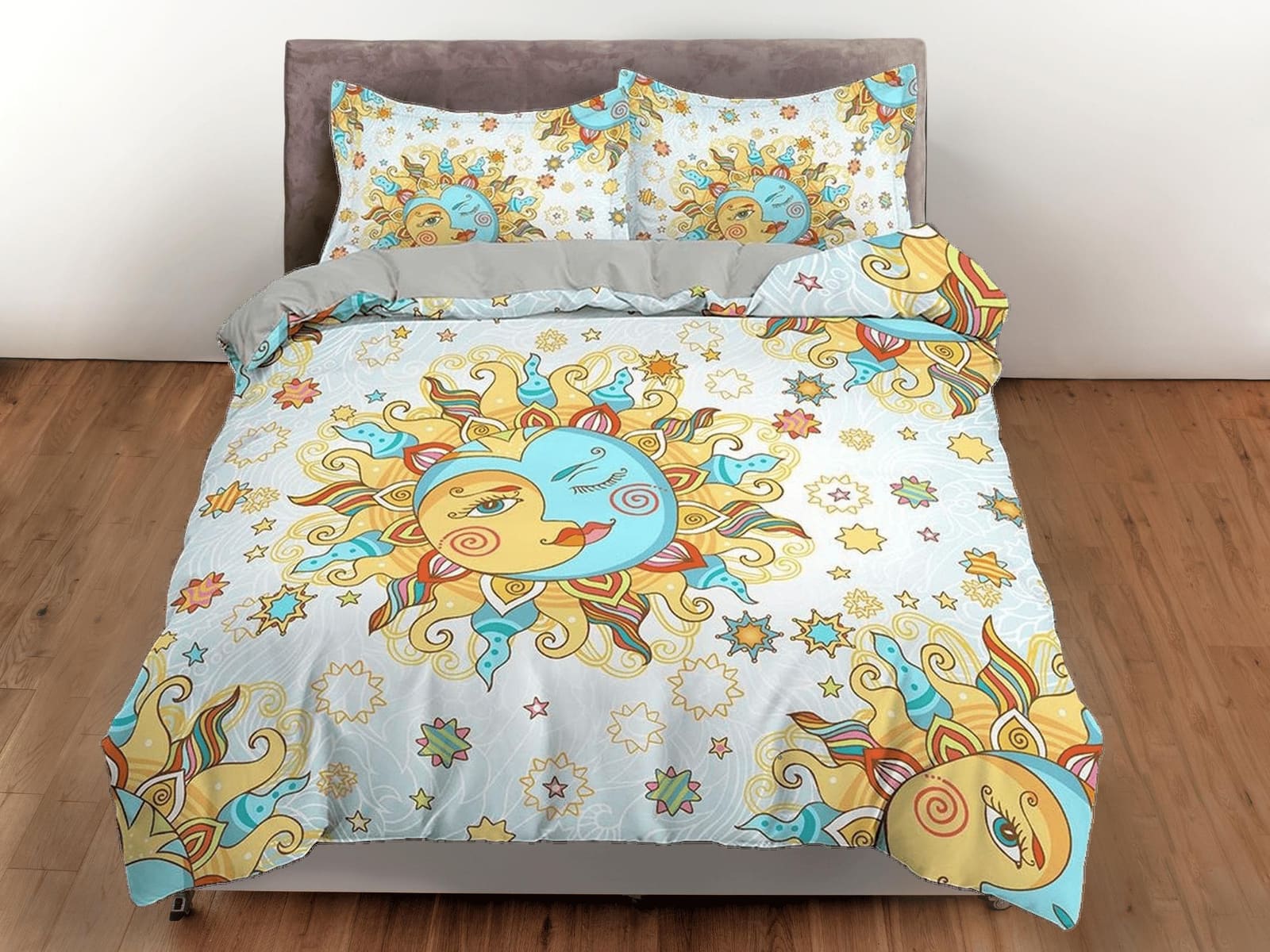 Celestial white bedding sun and moon, witchy decor dorm bedding aesthetic duvet, boho bedding set full king queen, astrolo…