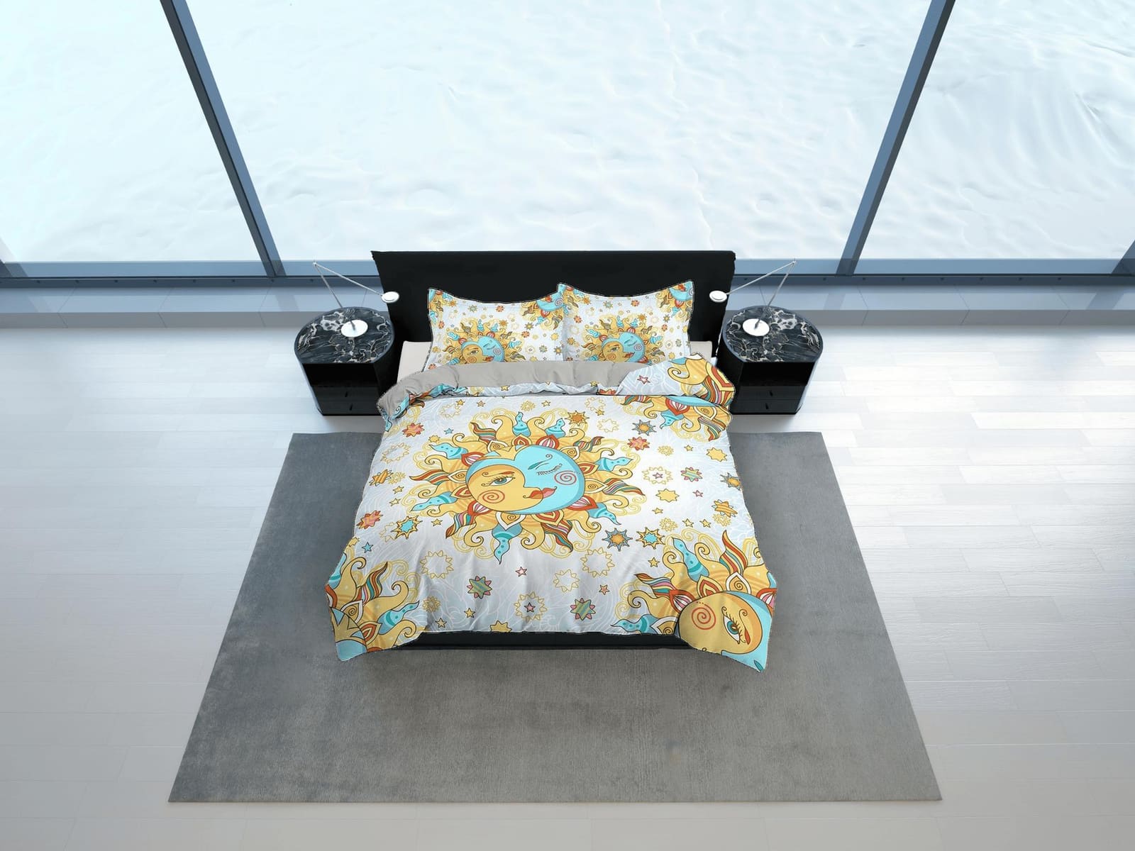 Celestial white bedding sun and moon, witchy decor dorm bedding aesthetic duvet, boho bedding set full king queen, astrolo…
