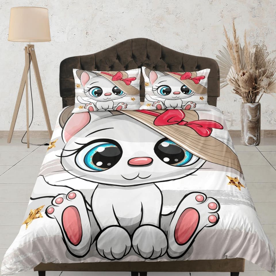 Charming white cat bedding, toddler bedding, kids duvet cover set, gift for cat lovers, baby bedding, baby shower gift, cu…