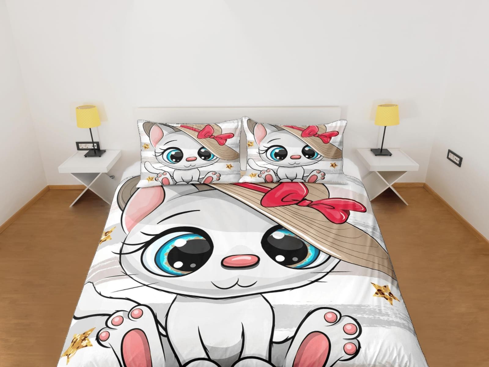 Charming white cat bedding, toddler bedding, kids duvet cover set, gift for cat lovers, baby bedding, baby shower gift, cu…