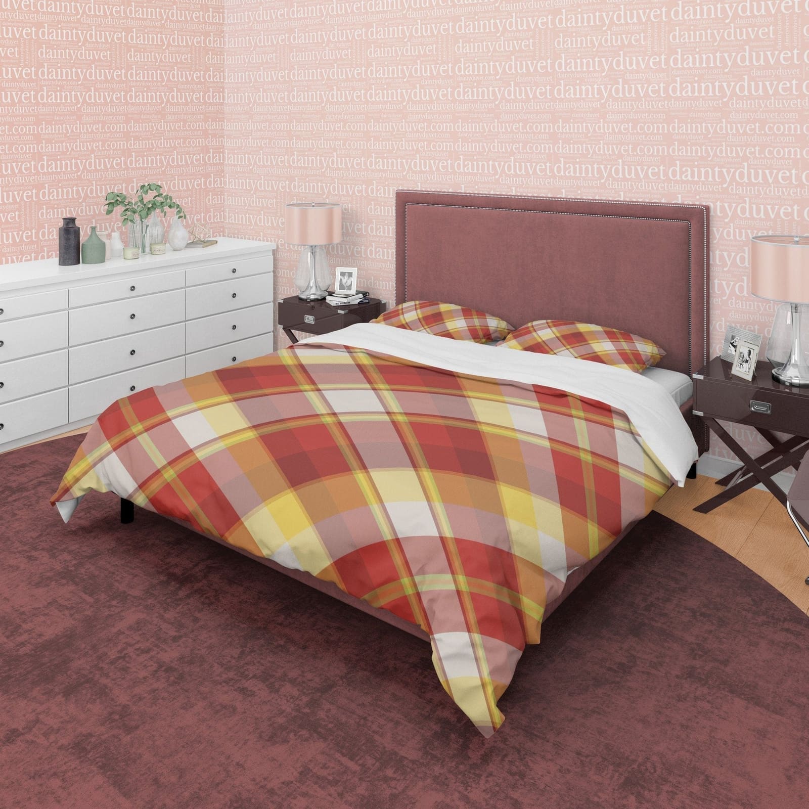 Checkered Duvet Cover Red Yellow Plaid Bedspread, Rustic Bedroom Set Modern Farmhouse Bedding , Tartan Quilt Cover, Nude C…