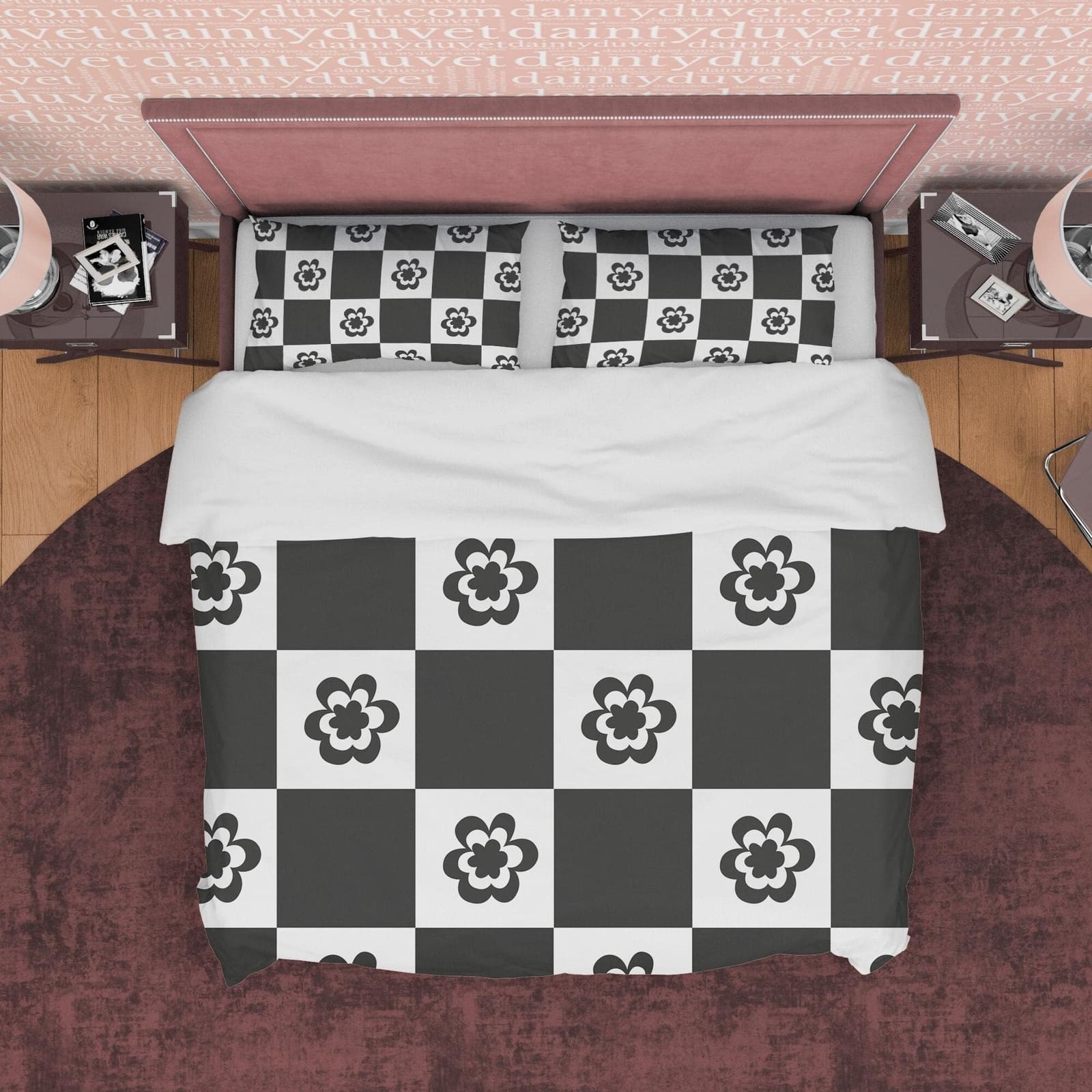 Checkered Floral Blanket Cover Black and White Duvet Cover Set, Retro Printed Bedding Set, 90s Nostalgia Quilt Cover, Groo…