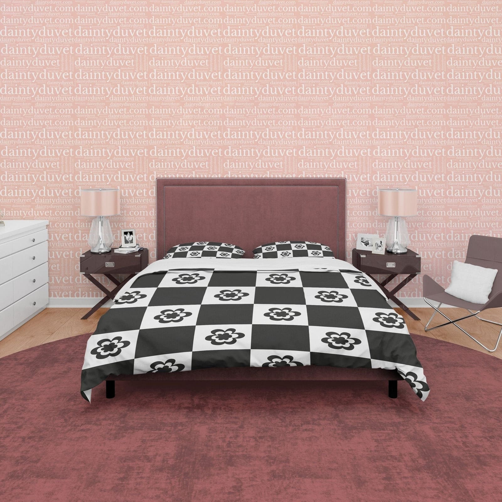 Checkered Floral Blanket Cover Black and White Duvet Cover Set, Retro Printed Bedding Set, 90s Nostalgia Quilt Cover, Groo…