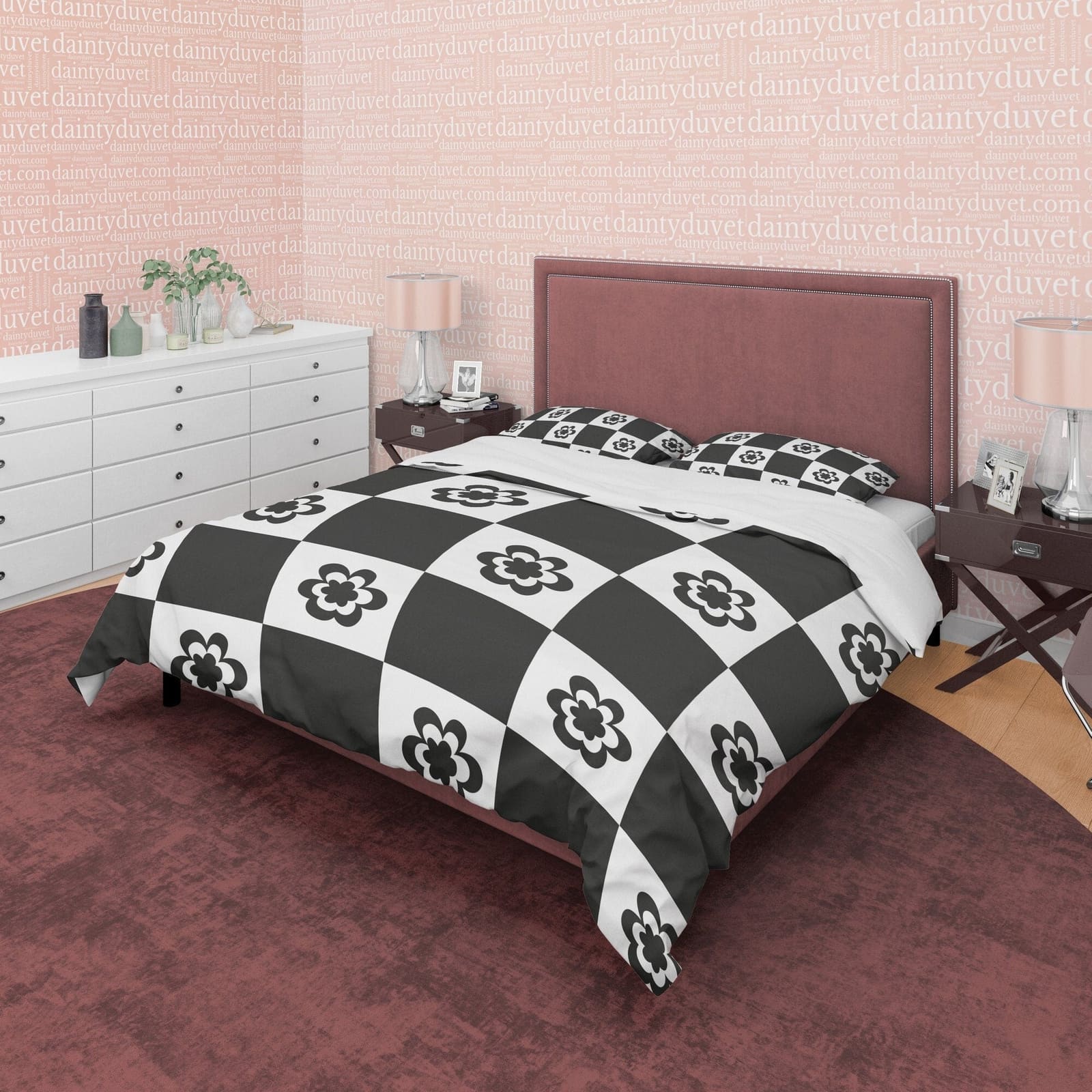 Checkered Floral Blanket Cover Black and White Duvet Cover Set, Retro Printed Bedding Set, 90s Nostalgia Quilt Cover, Groo…