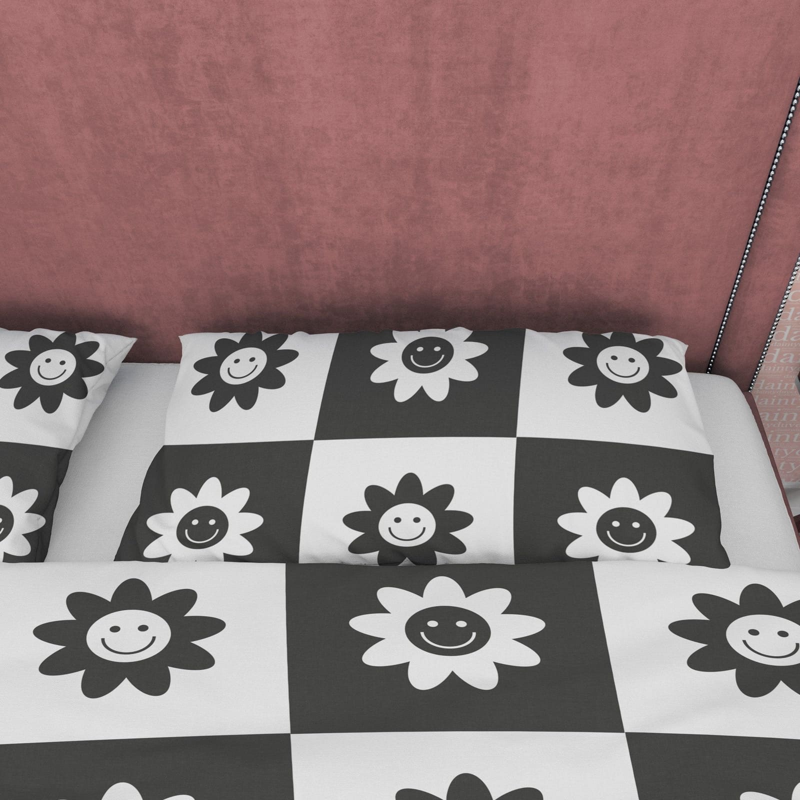 Checkered Quilt Cover Black and White Duvet Cover Set, Retro Smily Flower Printed Bedding Set, 90s Nostalgia Blanket Cover…