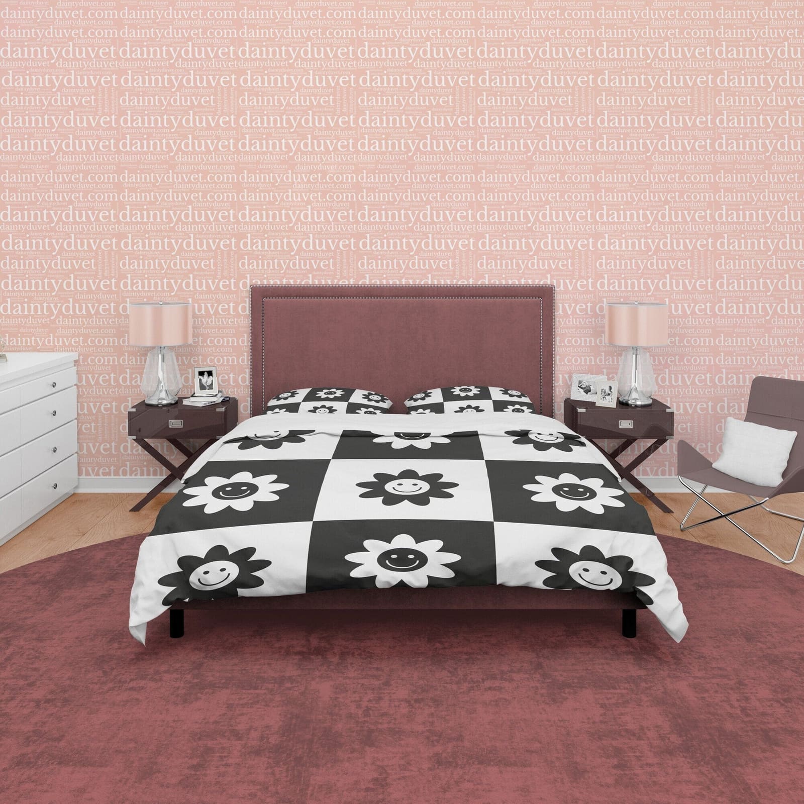 Checkered Quilt Cover Black and White Duvet Cover Set, Retro Smily Flower Printed Bedding Set, 90s Nostalgia Blanket Cover…