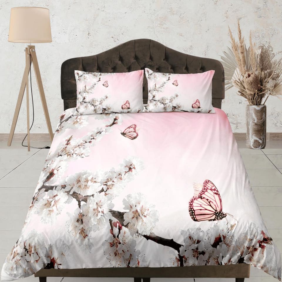Cherry blossom and butterfly bedding, pink duvet cover, floral printed dorm bedding, aesthetic bedding, maximalist full si…