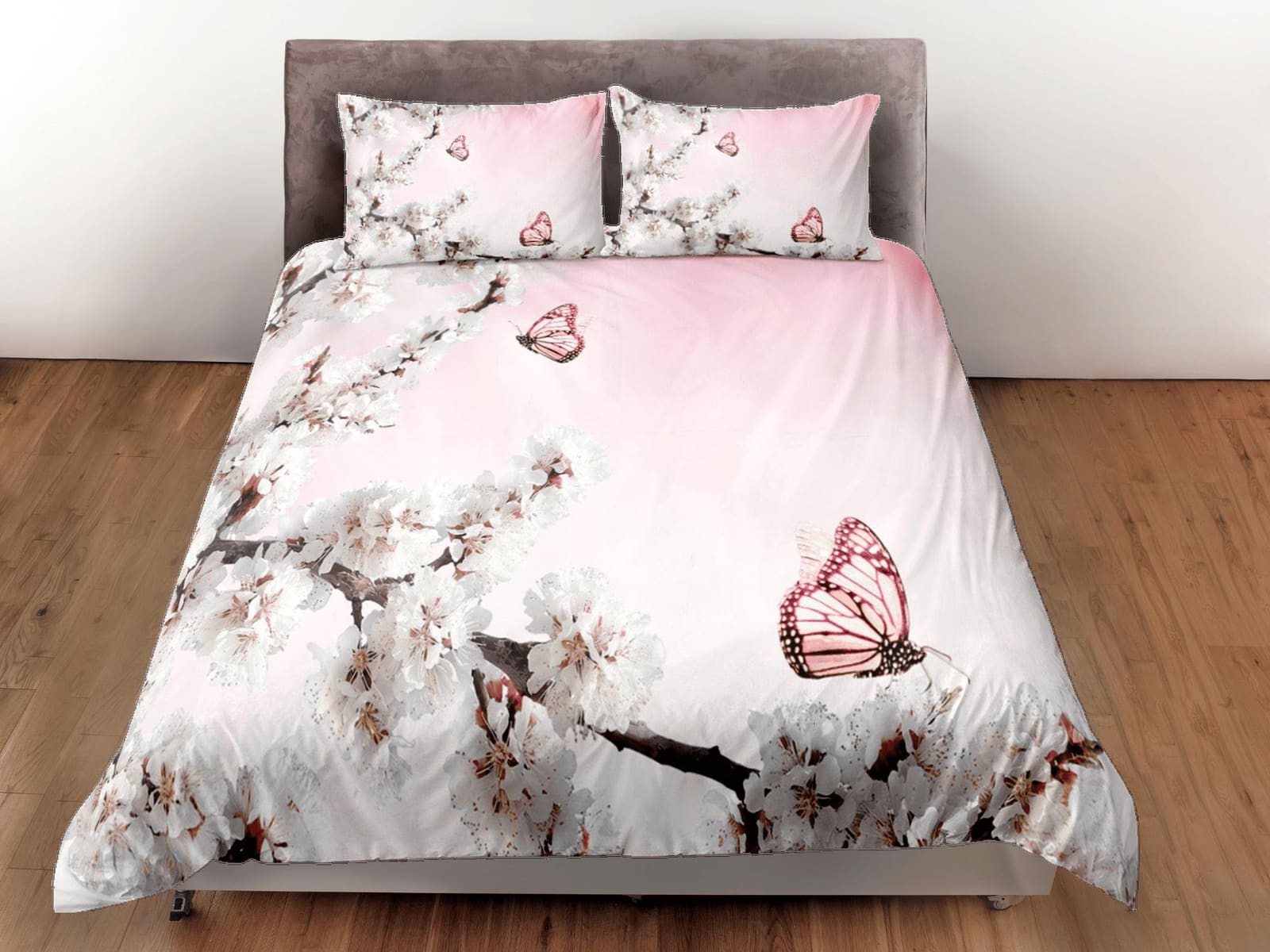 Cherry blossom and butterfly bedding, pink duvet cover, floral printed dorm bedding, aesthetic bedding, maximalist full si…