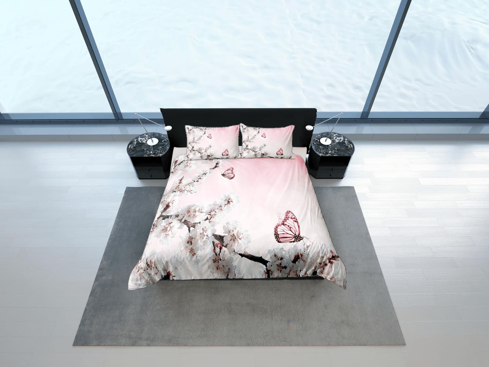Cherry blossom and butterfly bedding, pink duvet cover, floral printed dorm bedding, aesthetic bedding, maximalist full si…