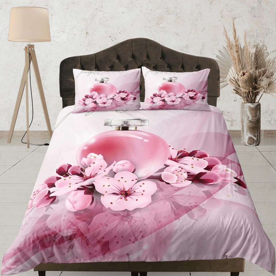 Cherry blossom and perfume bedding floral prints duvet cover queen, king, boho bedding designer bedspread girly full size…