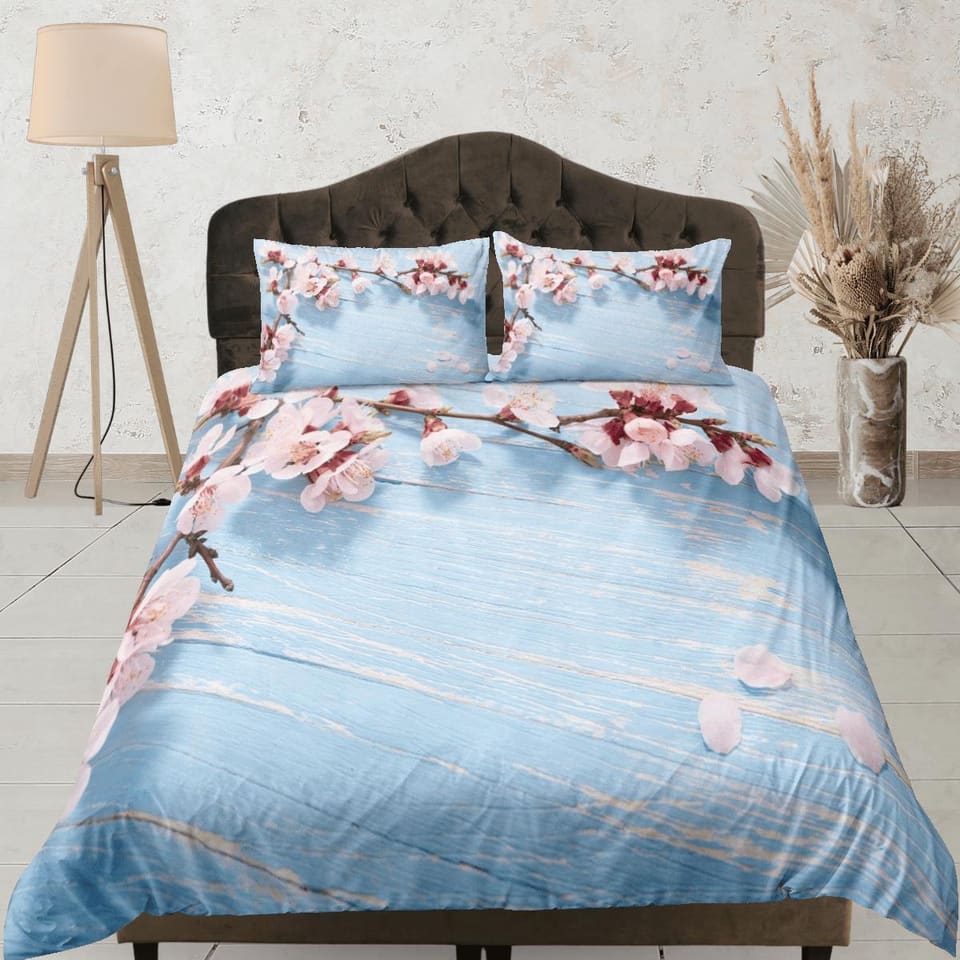 Cherry blossom blue bedding floral prints duvet cover queen, king, boho bedding designer bedspread maximalist full size be…