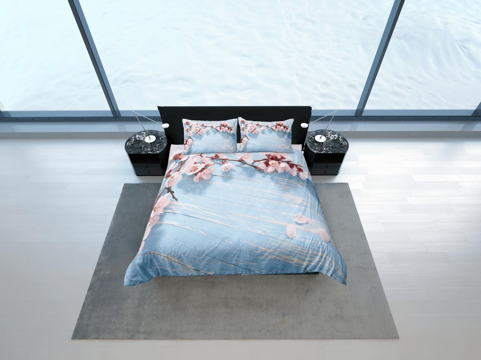 Cherry blossom blue bedding floral prints duvet cover queen, king, boho bedding designer bedspread maximalist full size be…