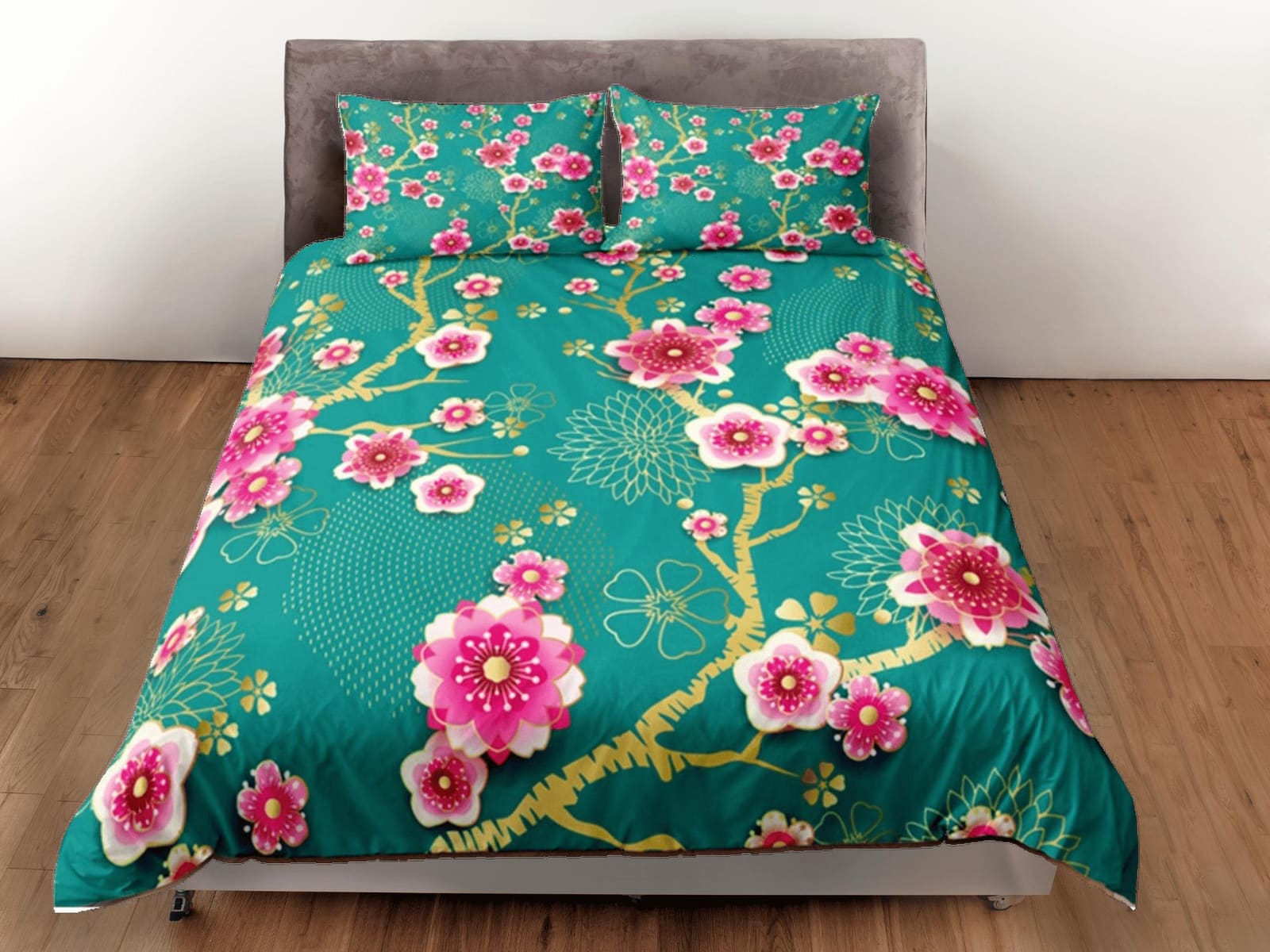 Cherry Blossom Green Duvet Cover Set, Floral Bedspread Dorm Bedding Set