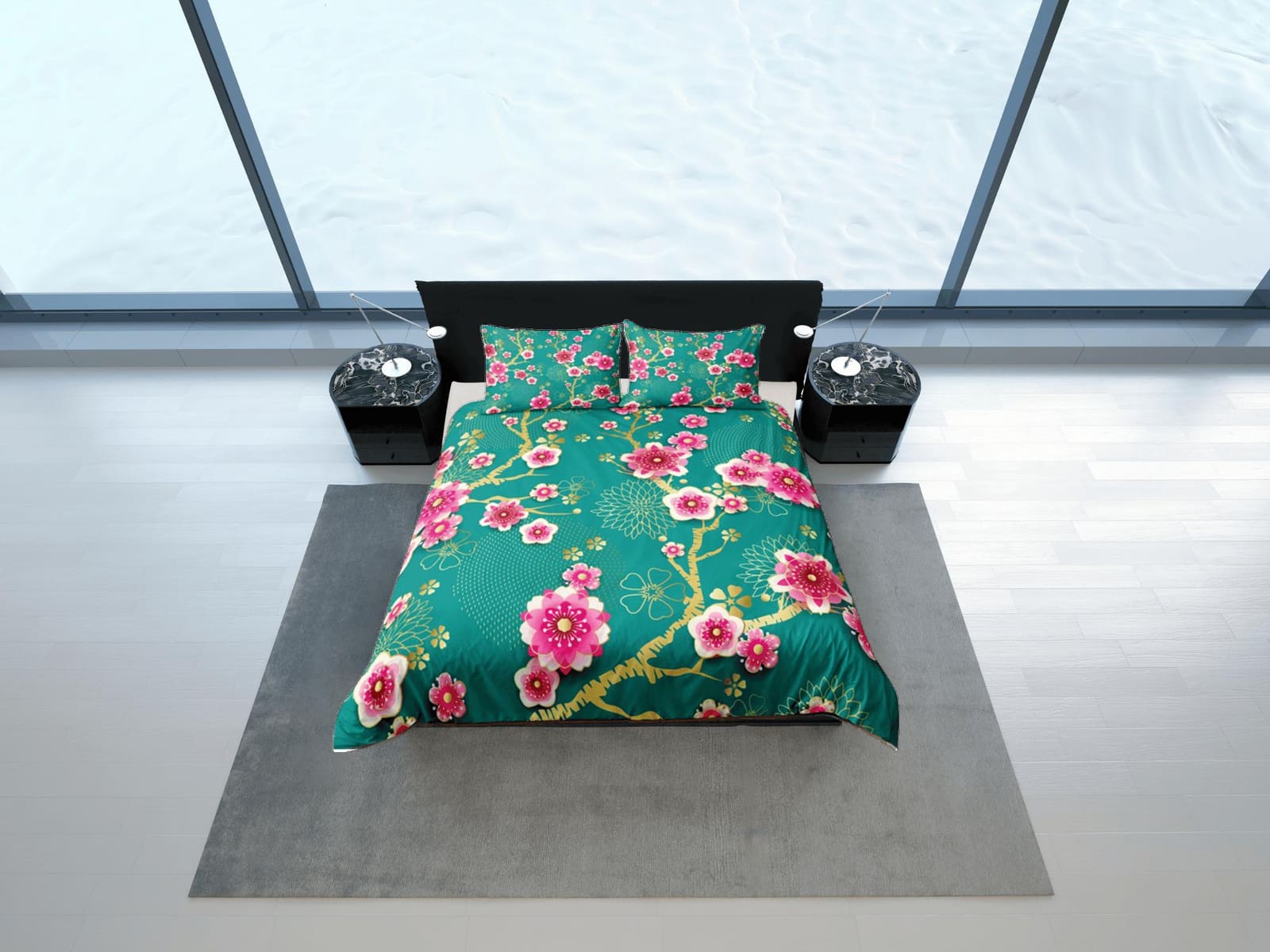 Cherry Blossom Green Duvet Cover Set, Floral Bedspread Dorm Bedding Set