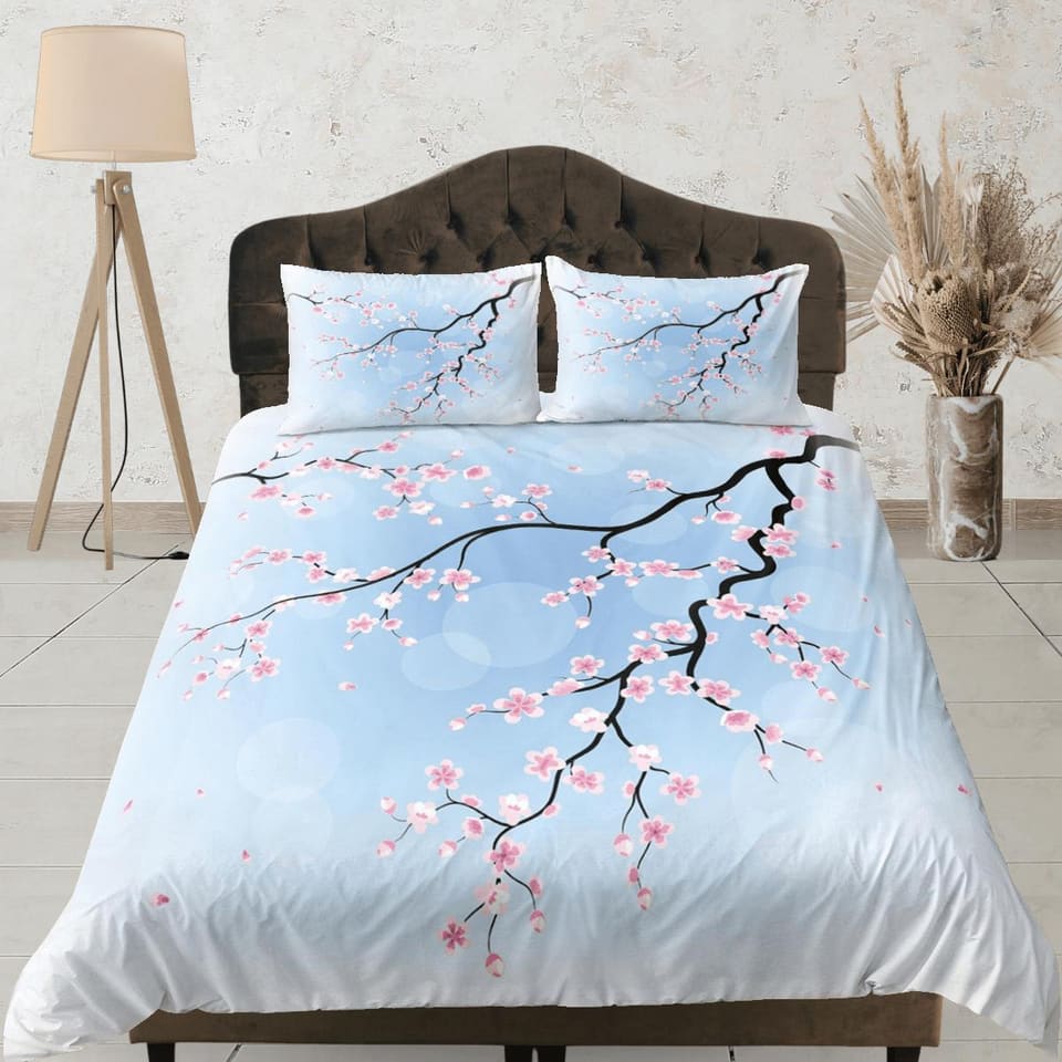 Cherry blossom light blue bedding floral prints duvet cover queen, king, boho bedding designer bedspread full size bedding…