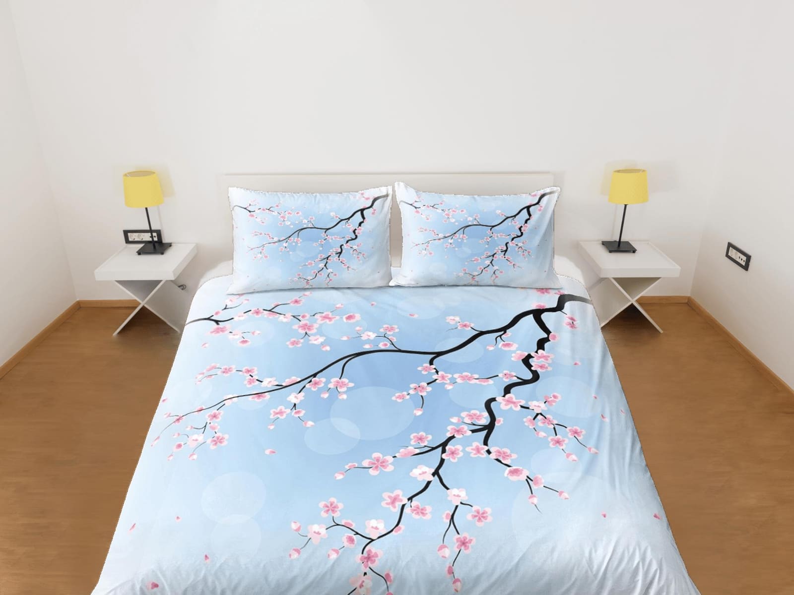 Cherry blossom light blue bedding floral prints duvet cover queen, king, boho bedding designer bedspread full size bedding…