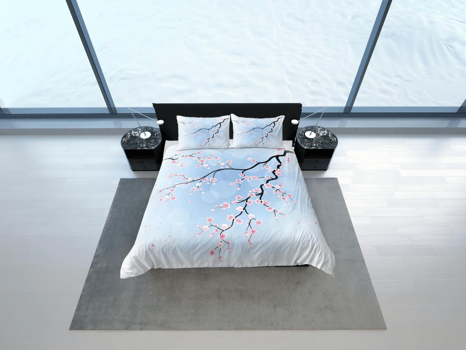 Cherry blossom light blue bedding floral prints duvet cover queen, king, boho bedding designer bedspread full size bedding…