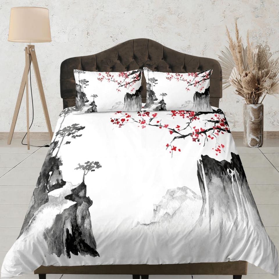 Cherry blossom oriental painting bedding floral prints duvet cover queen, king, boho bedding designer bedspread full size…