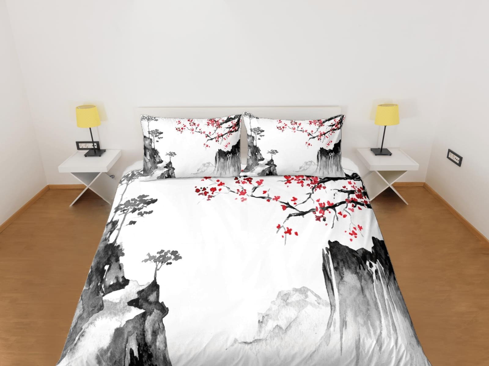 Cherry blossom oriental painting bedding floral prints duvet cover queen, king, boho bedding designer bedspread full size…