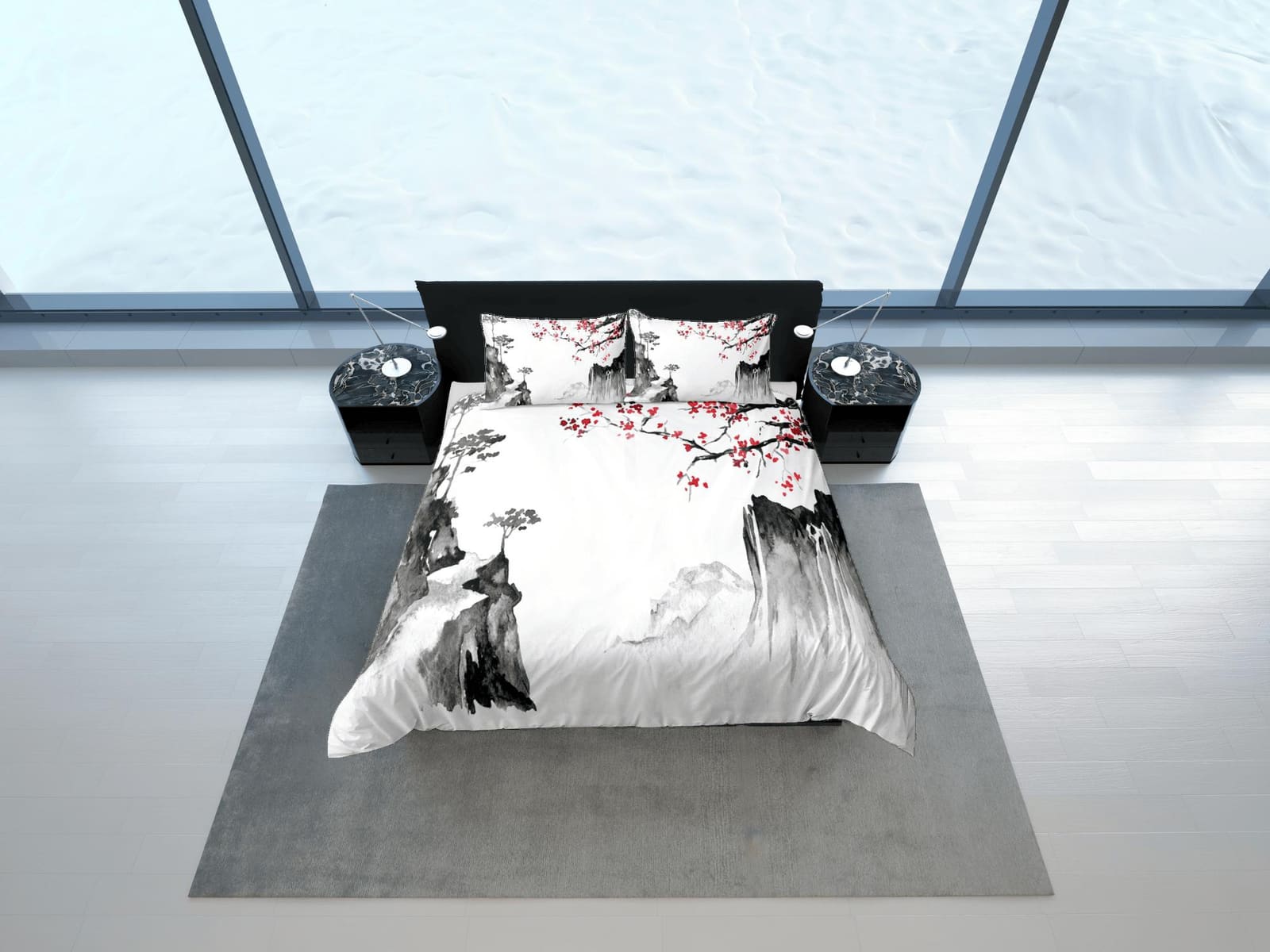 Cherry blossom oriental painting bedding floral prints duvet cover queen, king, boho bedding designer bedspread full size…
