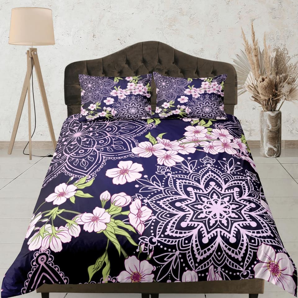 Cherry blossom purple bedding floral prints duvet cover queen, king, boho bedding designer bedspread maximalist full size…