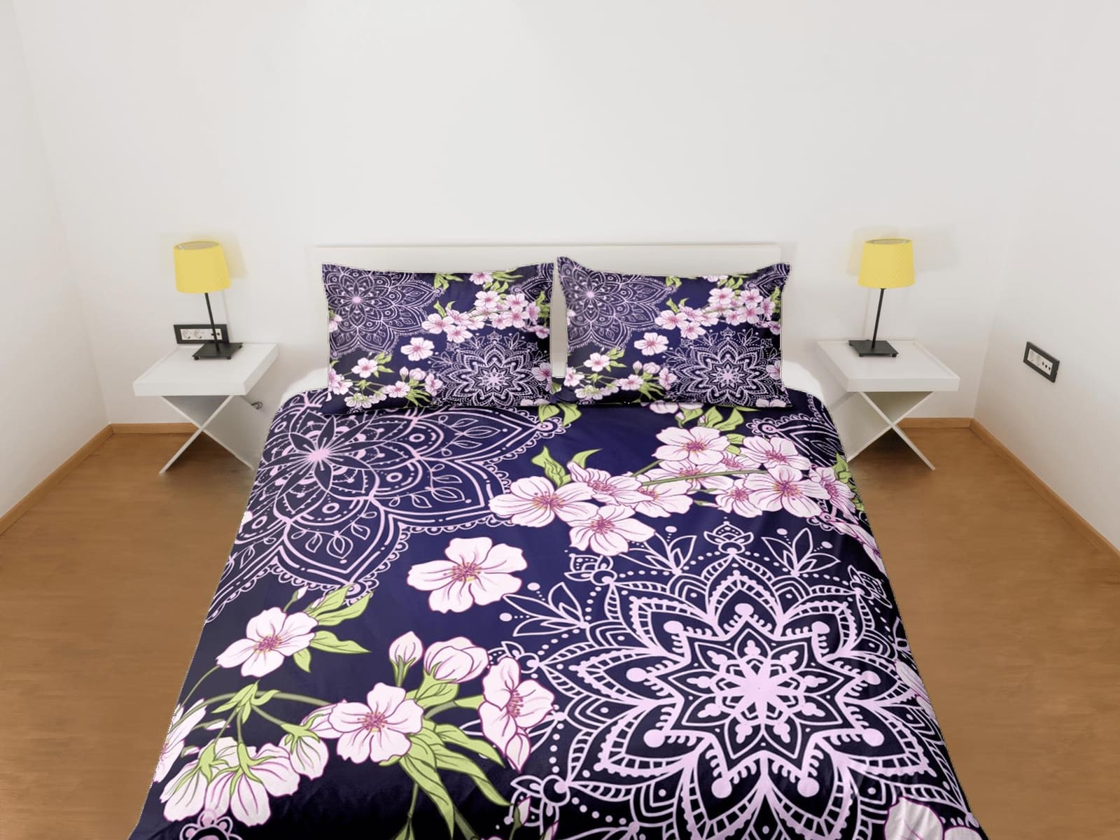 Cherry blossom purple bedding floral prints duvet cover queen, king, boho bedding designer bedspread maximalist full size…