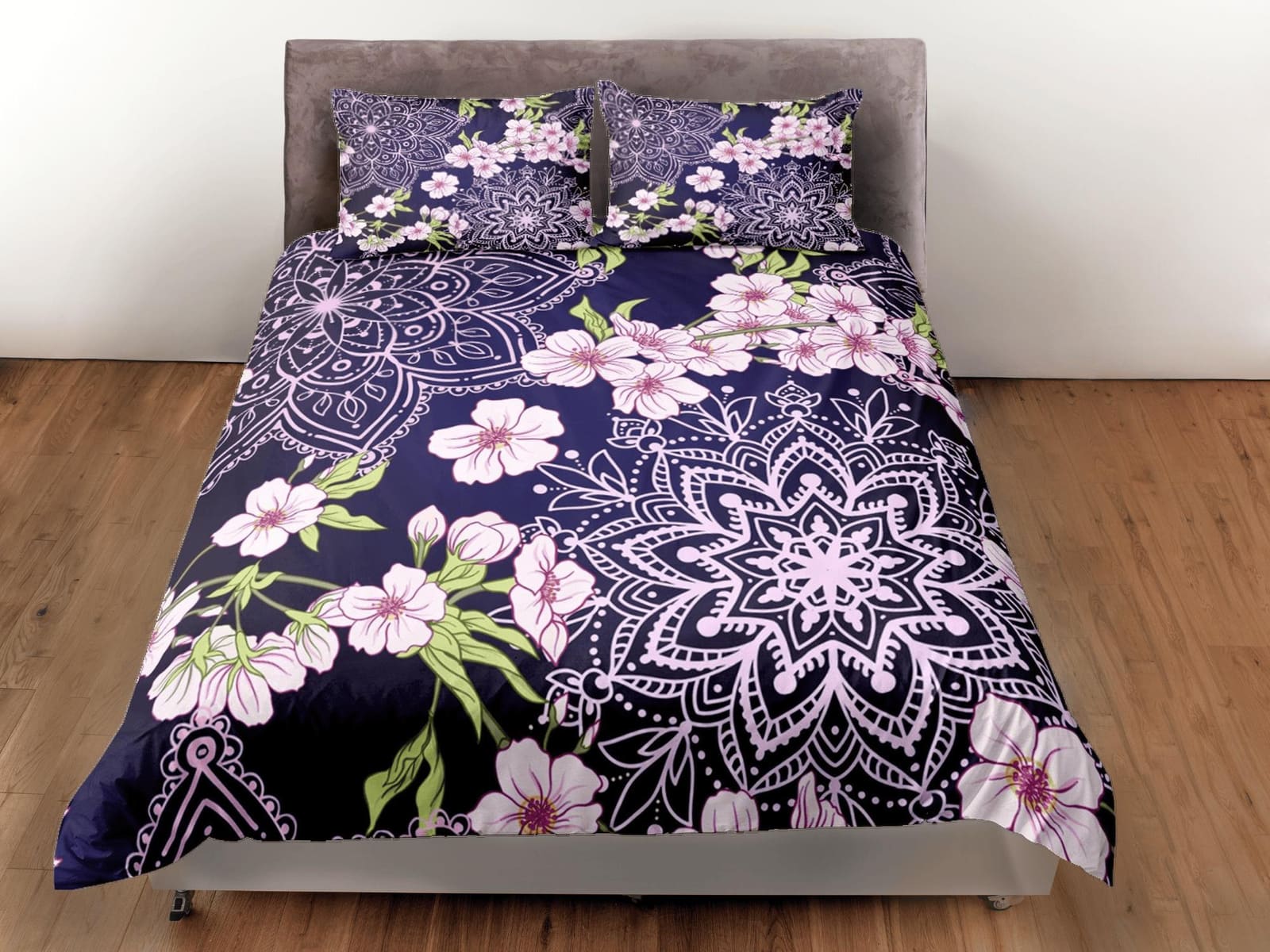 Cherry blossom purple bedding floral prints duvet cover queen, king, boho bedding designer bedspread maximalist full size…