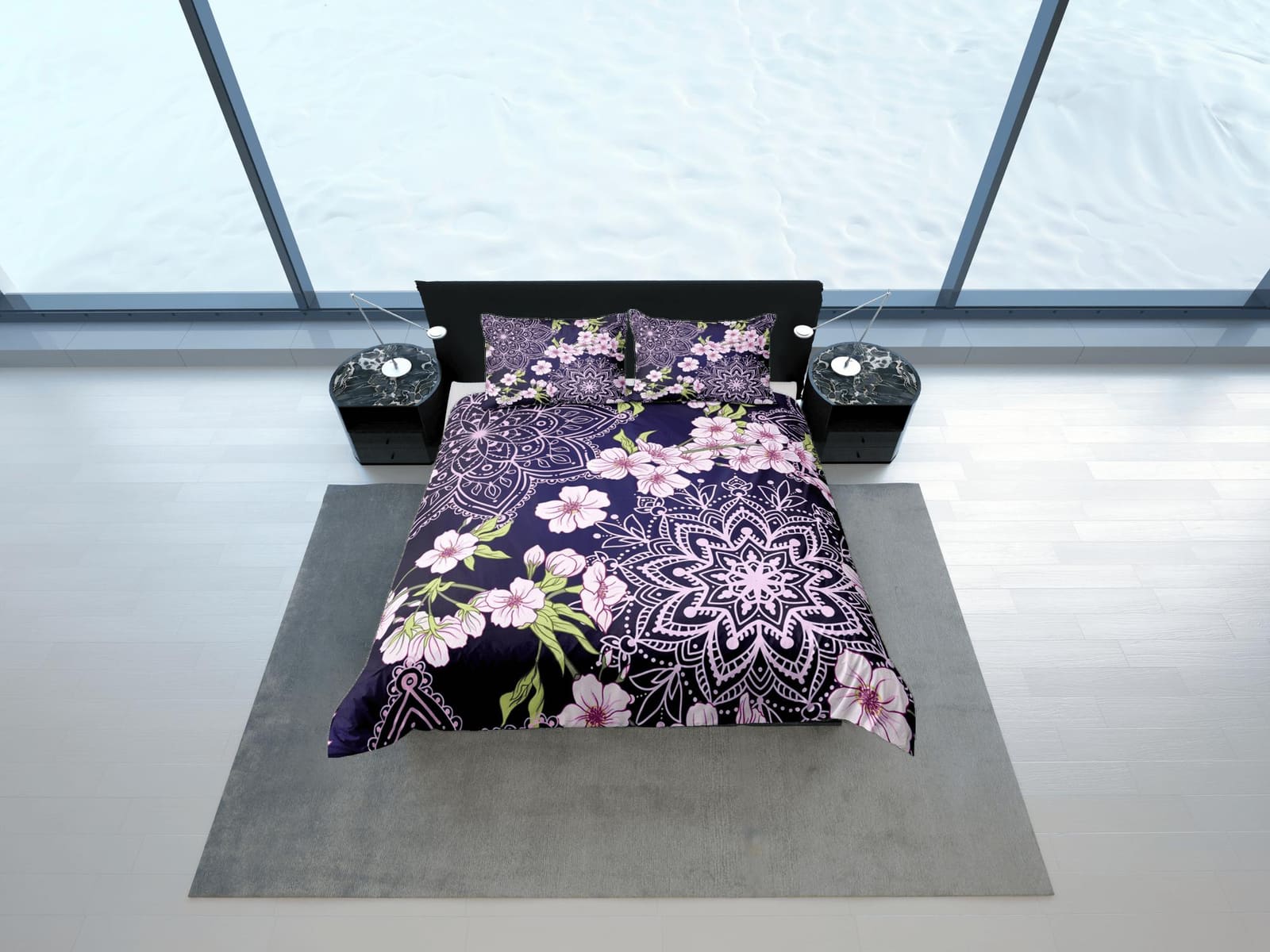 Cherry blossom purple bedding floral prints duvet cover queen, king, boho bedding designer bedspread maximalist full size…