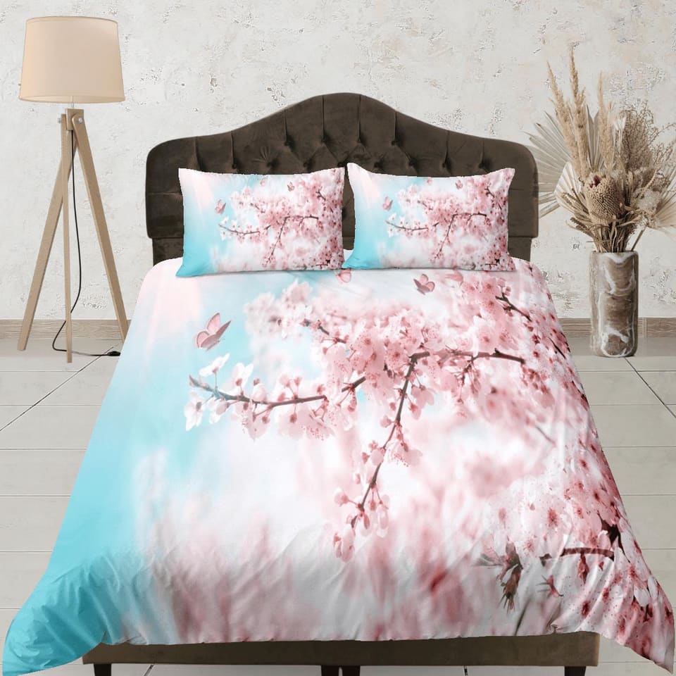 Cherry blossom tree bedding floral prints duvet cover queen, king, boho bedding designer bedspread maximalist full size be…