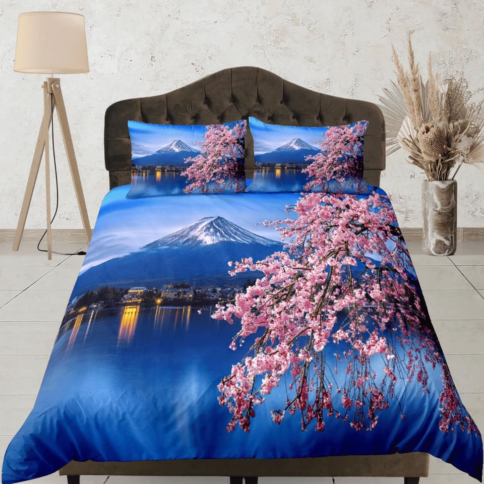 Cherry blossoms and mt. fuji printed bedding, japanese duvet cover set for king, queen, full, twin, single, toddler, zippe…