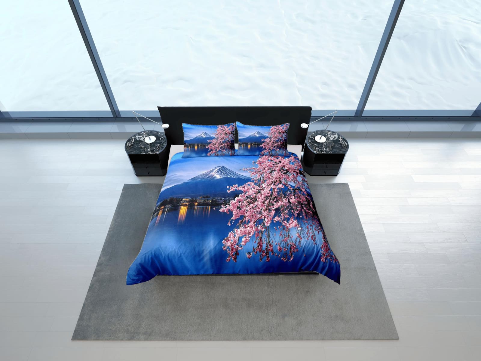 Cherry blossoms and mt. fuji printed bedding, japanese duvet cover set for king, queen, full, twin, single, toddler, zippe…