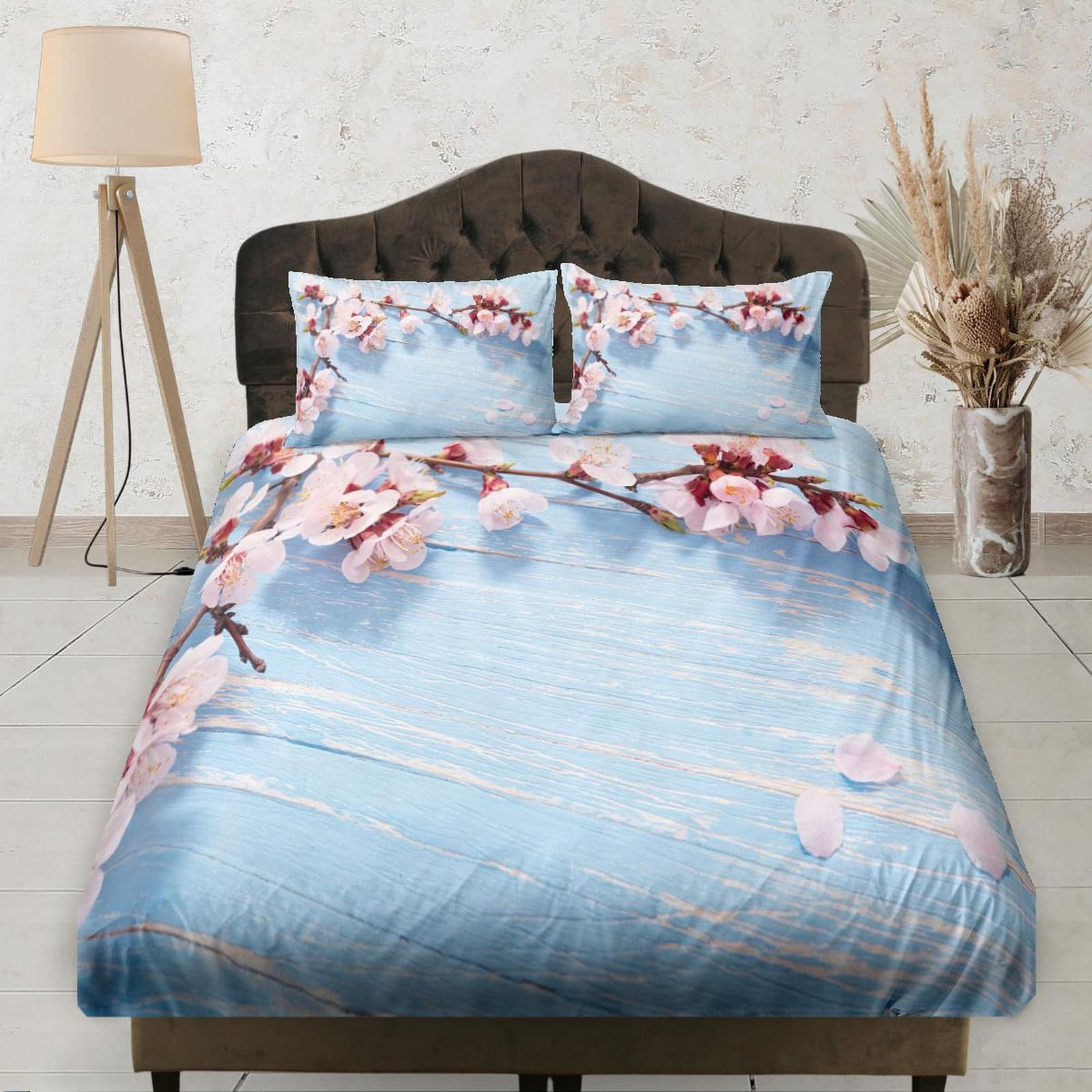 Cherry Blossoms in Light Blue Wood, Floral Printed Bedsheet, Deep Pocket, Boho Bedding Set Full, Dorm Bedding, Shabby Chic…