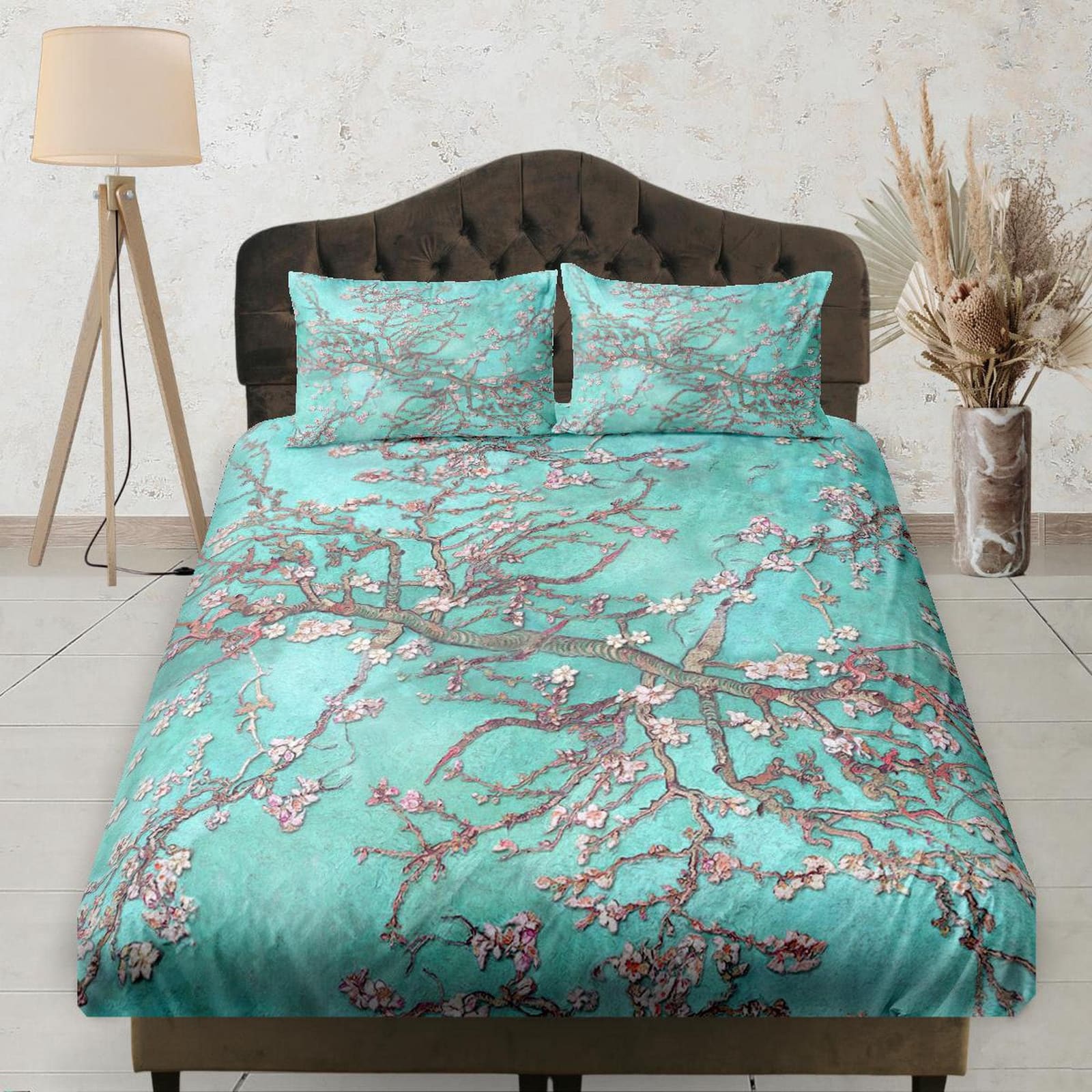 Cherry Blossoms Tree Cyan Bedsheet, Fitted Sheet Deep Pocket, Floral Prints, Boho Bedding Set, Dorm Bedding, Crib Sheet, S…